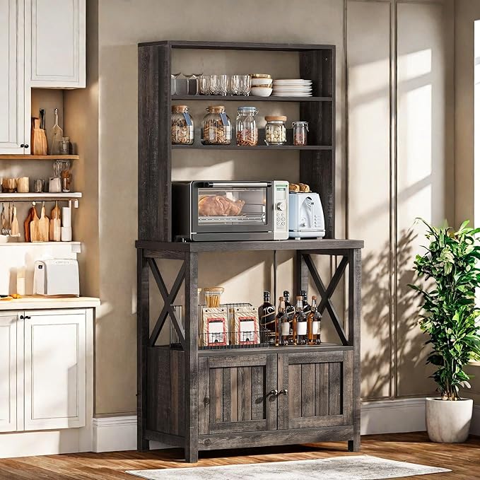 YITAHOME Bakers Rack with Power Outlet and Storage Cabinet Door, 5-Tiers Kitchen Tall Microwave Stand, Farmhouse Small Pantry Hutch, Thickened Counter Coffee Bar Station with Shelves, Black Oak