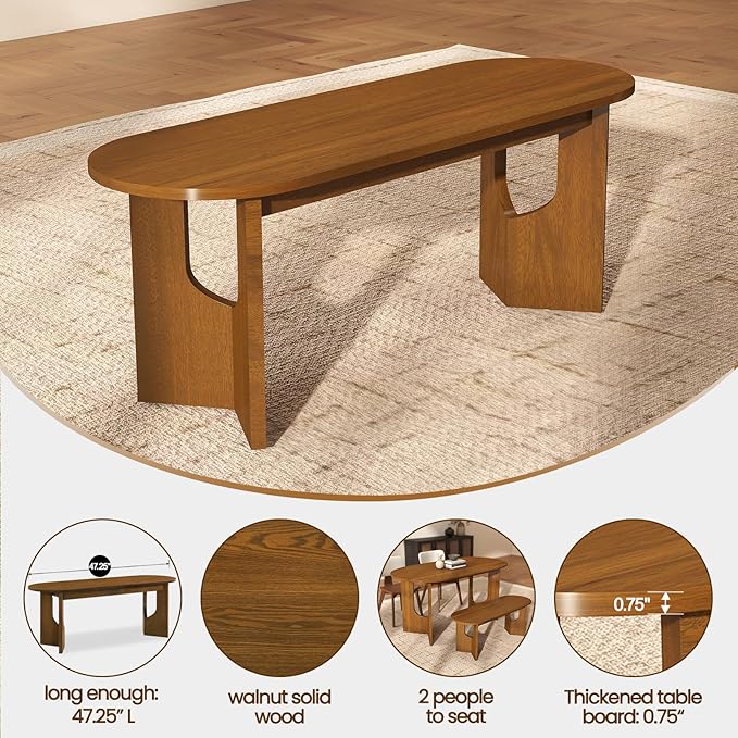 VESCASA 47.25" L Walnut Wood Oval Bench, Solid Wood Dining Bench with Wooden Legs for Dining Room, Restaurant, 2 Pieces