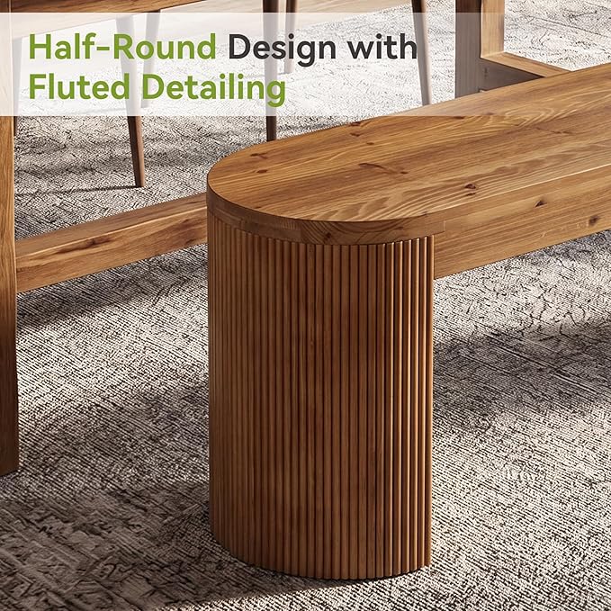 LITTLE TREE 55” Solid Wood Entryway Bench, Farmhouse Dining Bench with Fluted Legs & Half Round Curved Sides, Long Shoe Bench with Storage, Wooden End of Bed Bench for Bedroom, Dining Room