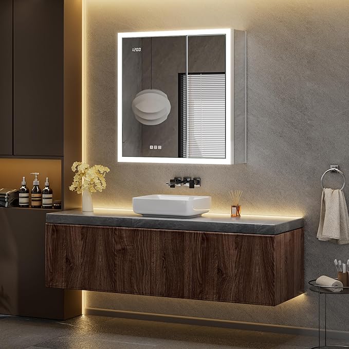30x32 Lighted Medicine Cabinet with Mirror & Clock -Surface or Recessed Aluminum Medicine Cabinet with Dimmable Light & Outlet, Anti-Fog, Built-in Sensing Light, Assembly-Free
