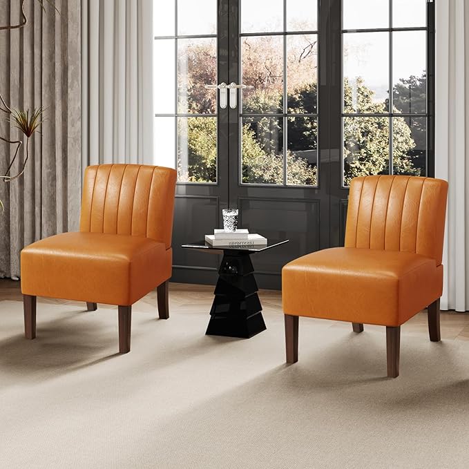 VIRRMO Armless Accent Chairs Set of 2 Upholstered Dining Chairs Living Room Chairs with Solid Wood Legs Bedroom Chair Leather Reading Chair Comfy Chair for Bedroom Vanity Kitchen (Brown)