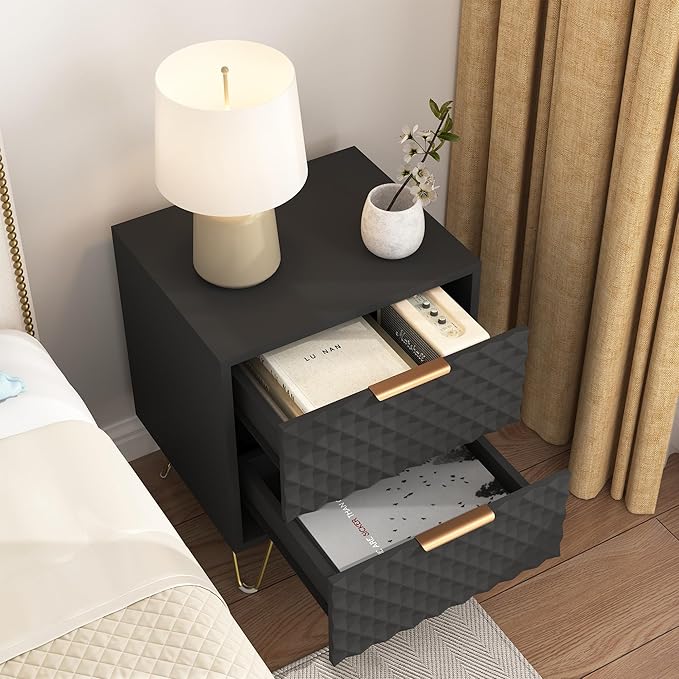 Black Night Stand Set of 2, Modern Double Bedside Table with 2 Drawers Storage for Bedroom, Wood End Side Table with Gold Legs for Living Room