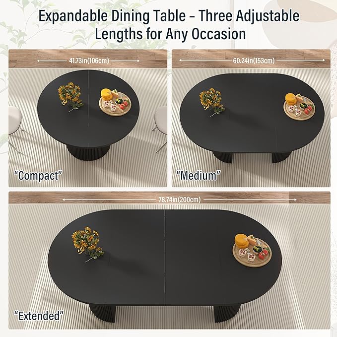 41 in-78 in Extendable Dining Room Table for 4-8, Round Expandable Kitchen Table with Fluted Base, Modern Oval Dinner Tables for Dining Room Kitchen Living Room (Black)