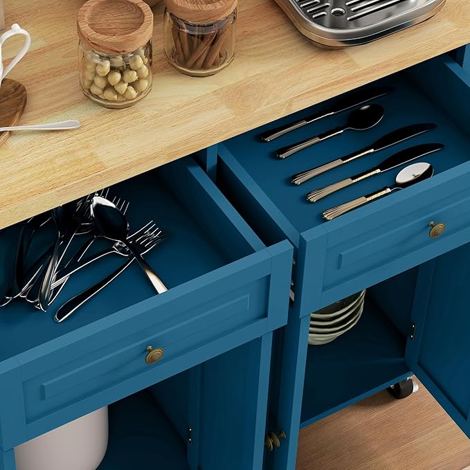 HOMCOM Kitchen Island Cart with Solid Wood Top, 44" Mobile Kitchen Island Table on Wheels with Storage Cabinets, 2 Drawers, Adjustable Shelves, Spice Rack & Towel Bar for Dining Room, Turquoise