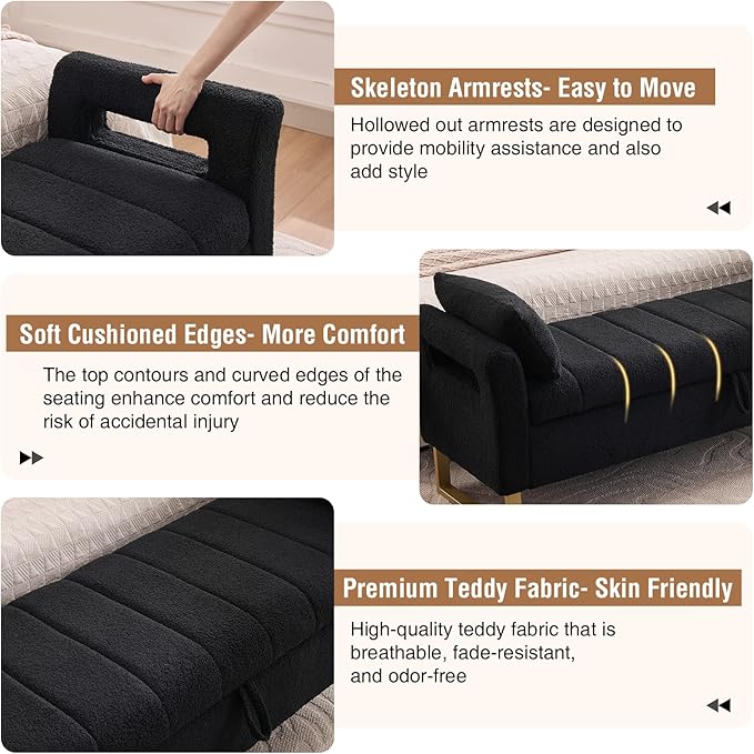66'' Storage Bench for Bedroom End of Bed King Size, Long Bedroom Benches for Foot of Bed with Gold Legs, Comfy Bed Bench with Storage, Pillows for Entryway, Windows, Black Teddy