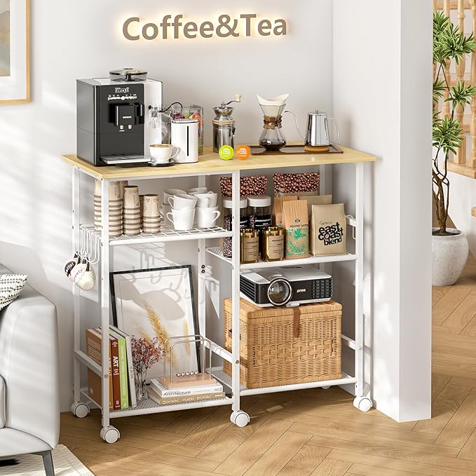 ThreeHio Rolling Kitchen Microwave Cart, 3-Tier Microwave Stand with Adjustable Shelf, Kitchen Storage Cart on Lockable Wheels, Coffee Bar Baker's Rack Organizer Shelf for Living Room, Office, Balcony