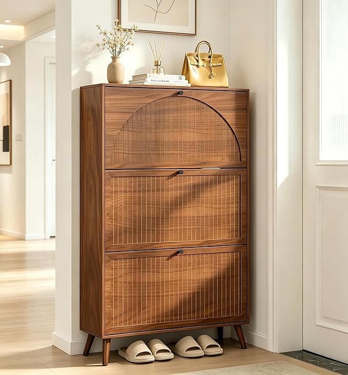 Fsbecl Shoe Storage Cabinet for Entryway with 3 Flip Drawers, Narrow Shoe Organizer with Fluted Panel, Freestanding Wood Hidden Shoe Cabinet for Hallway(Walnut, 31.4''W, Double Layer)