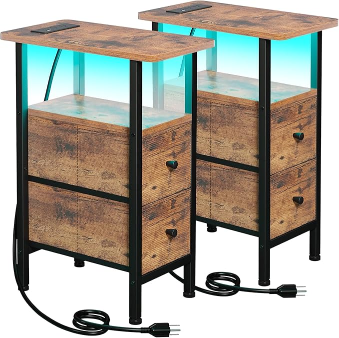 LOAKEKEL Narrow Nightstand with Charging Station, End Tables Living Room Set of 2, Skinny Side Table with Fabric Drawers, Small Sofa Table with LED Light for Bedroom, Rustic Brown, HETNDP02LPBR