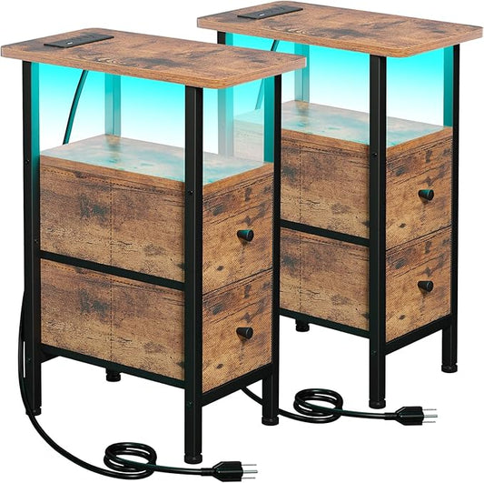 LOAKEKEL Narrow Nightstand with Charging Station, End Tables Living Room Set of 2, Skinny Side Table with Fabric Drawers, Small Sofa Table with LED Light for Bedroom, Rustic Brown, HETNDP02LPBR