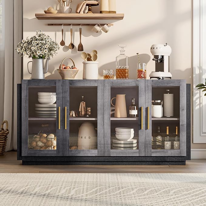 AMERLIFE Sideboard Buffet Cabinet with LED Lights, Mixed Color Accent Cabinet with Glass Doors and Adjustable Shelf, Hallway Storage Cabinets Console Table for Living Room, Dining Room, Black and Gray