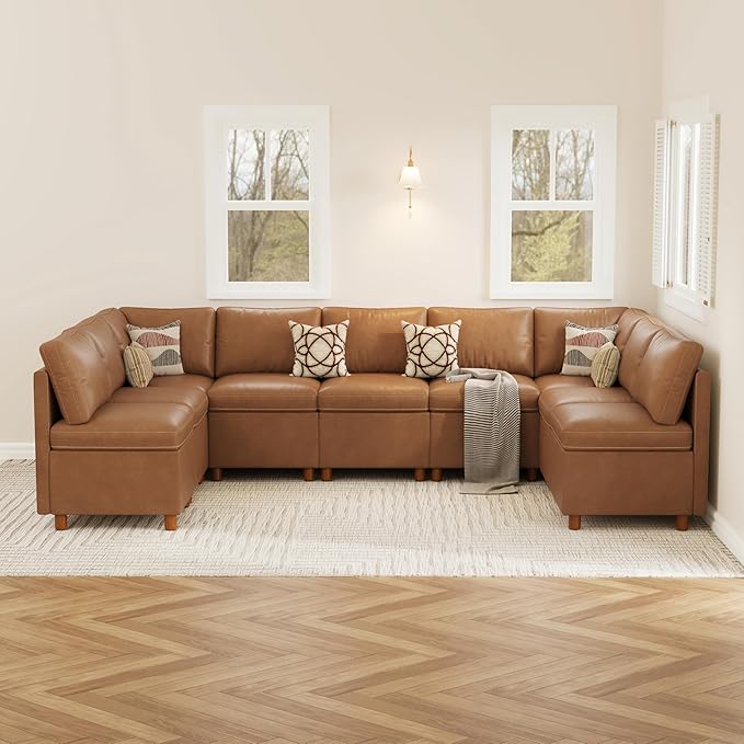 SITJOY Breakfast Nook Bench with Storage, Modular Corner Kitchen Banquette Seating, Dining Settee Couch, Upholstered Dining Bench with Back, Pet-Friendly Faux Leather in Brown, 9-Seat U Shaped Nook