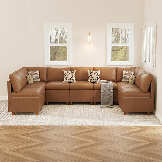 SITJOY Breakfast Nook Bench with Storage, Modular Corner Kitchen Banquette Seating, Dining Settee Couch, Upholstered Dining Bench with Back, Pet-Friendly Faux Leather in Brown, 9-Seat U Shaped Nook