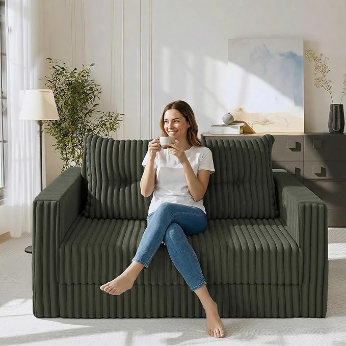 HABUTWAY 41.3" Loveseat Boneless Couch, 4-in-1 Convertible Sofa Bed, Plush Fur Folding Futon Sofa Bed Couches with a Pillow for Living Room, High-Density Foam Support, No Assembly Required, Green