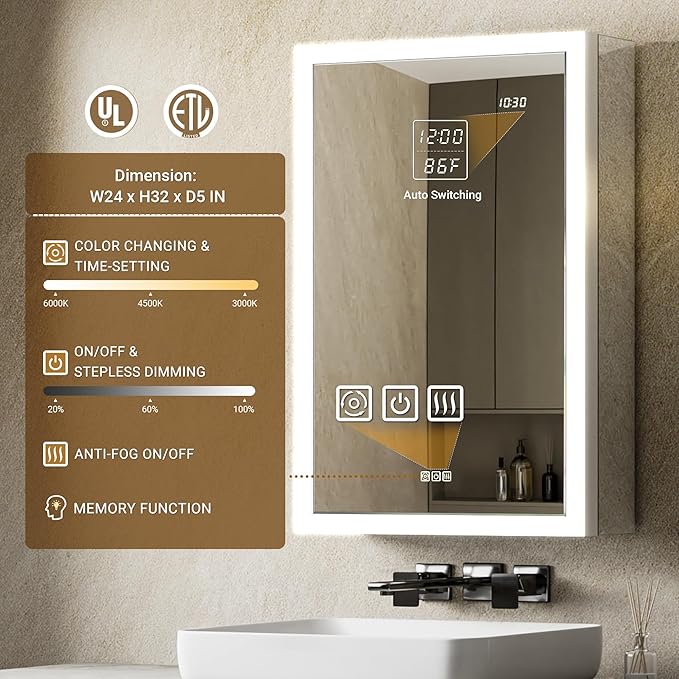 LED Medicine Cabinet Mirror 24x32 Surface or Recessed Fogless Lighted Medicine Cabinet with Mirror, Time Display & Stepless Dimming, Built-in Auto-Sensing LED, 2 Outlet &USB, Door Right Open
