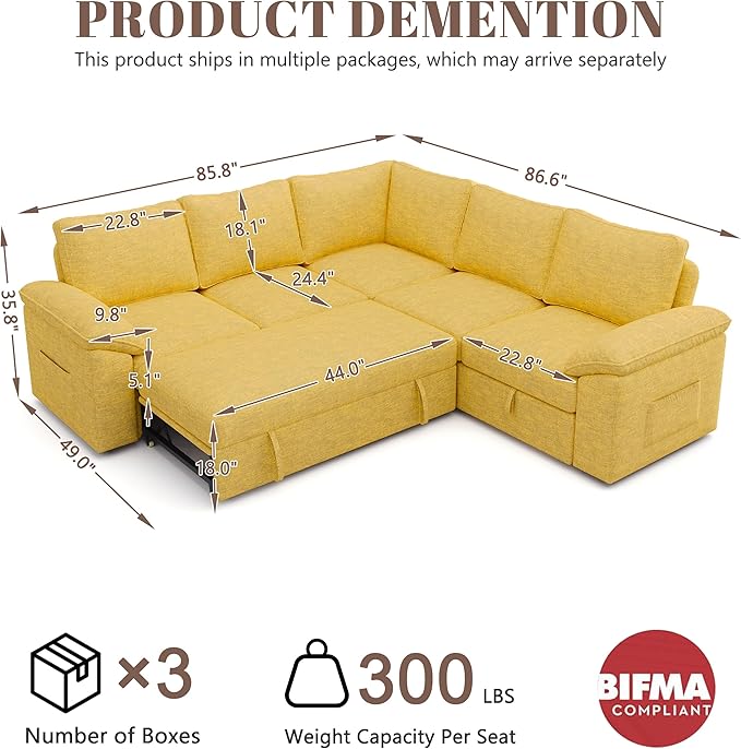 85 Inch Modular Sectional Sofa with Pull Out Bed, L Shaped 5 Seat Sectional Sleeper Sofa with Storage, Sectional Couches for Living Room, Cloud Modular Couch,Removable Sofa Cover,Yellow