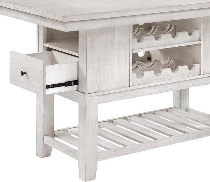 Lexicon 60" Farmhouse Counter Height Dining Table for 6, Solid Wood Frame Acacia Veneer Rectangular Dining Table with Wine Storage, Drawers, and Open Shelves, Brushed Antique White