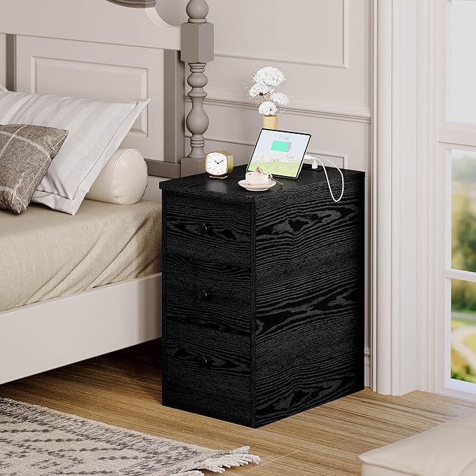 LIKIMIO Nightstand with Charging Station, Narrow Bedside Table with 3 Drawers, End Table with USB Ports and Outlets, Side Table for Living Room/Bedroom Modern