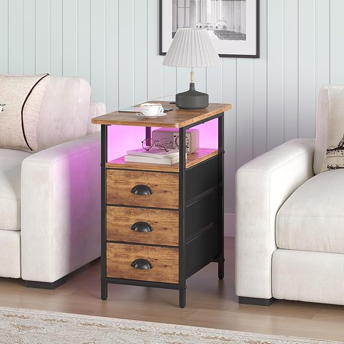 sthmec End Table with Charging Station,LED Side Tables with USB Ports and Outlets,Narrow Nightstands Bedside Tables with 3 Fabric Drawers for Small Space,Slim Sofa Table for Livingroom, Rustic Brown