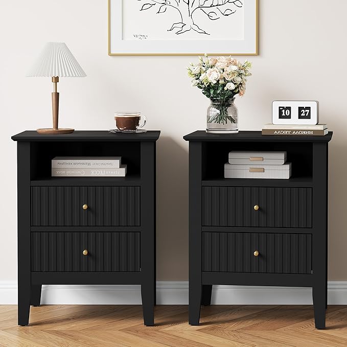 RoyalCraft Black Fluted Nightstand Set of 2, Colorful Nightstand with 2 Drawers, Modern Wooden End Table with Storage for Small Spaces, Side Table for Bedroom, Couch, Home Office