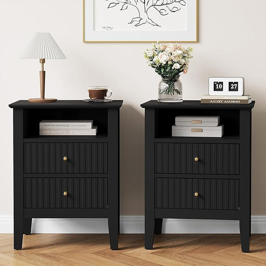 RoyalCraft Black Fluted Nightstand Set of 2, Colorful Nightstand with 2 Drawers, Modern Wooden End Table with Storage for Small Spaces, Side Table for Bedroom, Couch, Home Office