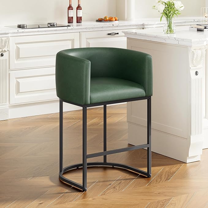 26" H Counter Height Bar Stools Set of 1, Modern Barrel Counter Stools with Backrest and Arms, Faux Leather Upholstered Accent Barstools for Kitchen Island,Support 450 LBS (Green)