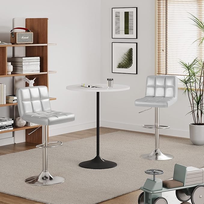Furmax Bar Stools Modern Pu Leather Swivel Adjustable Hydraulic Bar Stool Square Counter Height Stool Set of 2 (Sliver)