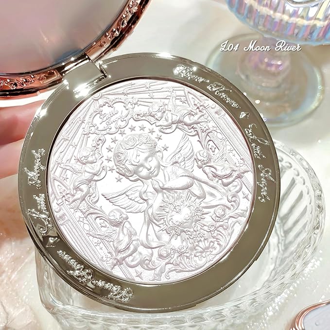 Flower Knows Little Angel Embossed Highlighter - Cool Starlight Highlighter Powder,Long-Lasting Ethereal Starry Glow,Cool Blue-Purple & White Pearl Shimmer,Galaxy-Inspired(L04 Moon River)