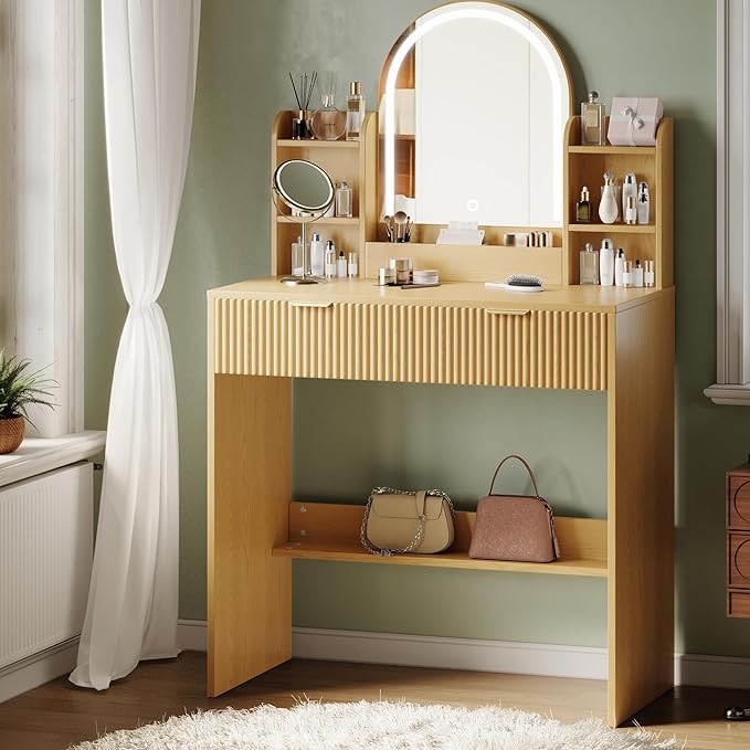 TOKSOM Makeup Vanity Desk with Mirror and Lights, Vanity Table with 2 Drawers & Open Storage Shelves, Fluted Vanity Bedroom Makeup Dressing Table Set for Women Girls Natural