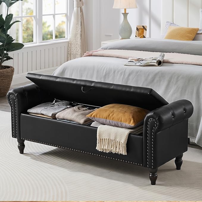 Furniliving 63” End of Bed Bench, Bedroom Bench with Button-Tufted, Upholstered King Storage Ottoman Benches Queen Entryway Bench with Storage Shoe Cabinet Bench, for Bedroom, Black