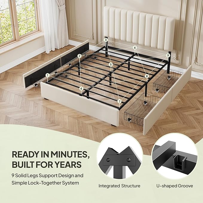 Welzona Full Bed Frame with Storage and Headboard, Velvet Upholstered Metal Platform Bed with Vertical Channel Tufted Headboard, 3-Level Height, 4 Storage Drawers, Noise Free, Easy Assembly, White