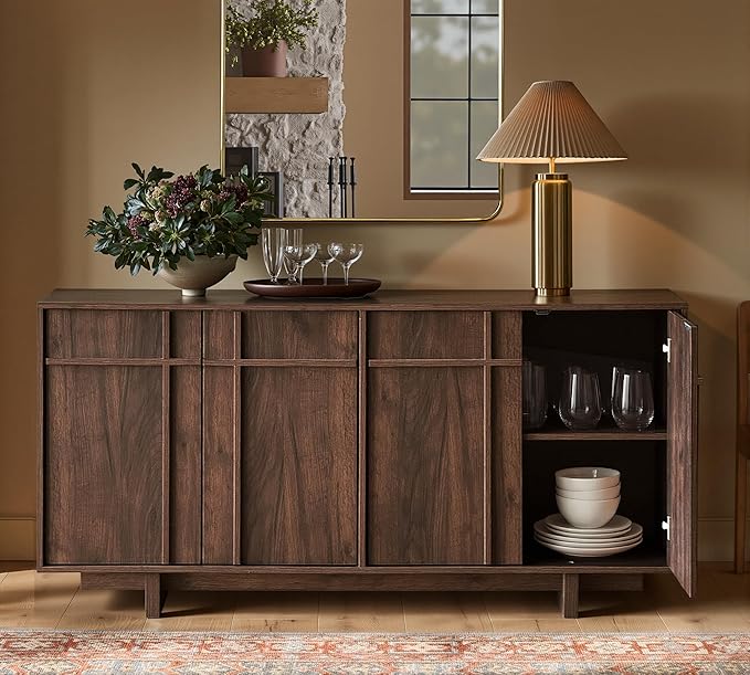 Sideboard Buffet Cabinet with Storage, Mid Century Modern Accent Cabinet with Skeleton Line & Wood Grain Texture,Minimalist Geometric Credenza for Living Room, Kitchen and Entryway, Cherry