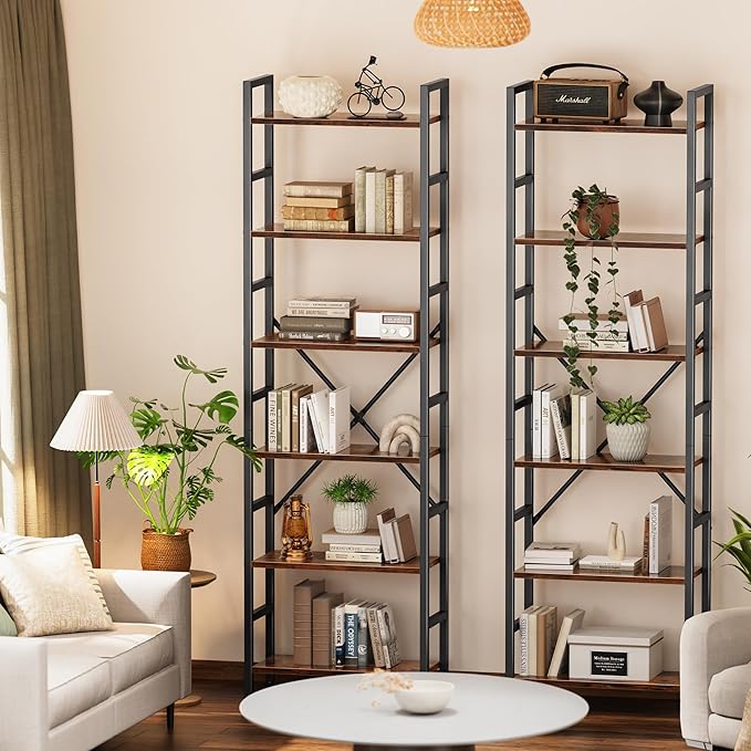 SUPERJARE Triple Bookshelf, Bookcase with 17 Open Display Shelves, Wide Book Shelf Book Case for Home & Office, 6 Tier, Brown, ABC003Z