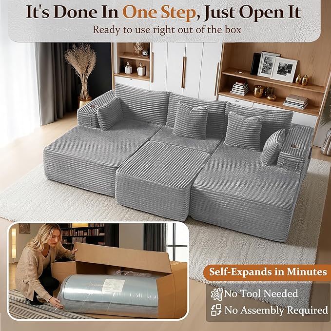 108" Cloud Sectional Couch, Comfort Sleep Sofa for Living Room, Extra Deep Seats No Assembly, Minimalist Modular Couch, Corduroy (Light Grey, Widen Loveseat Chaise)