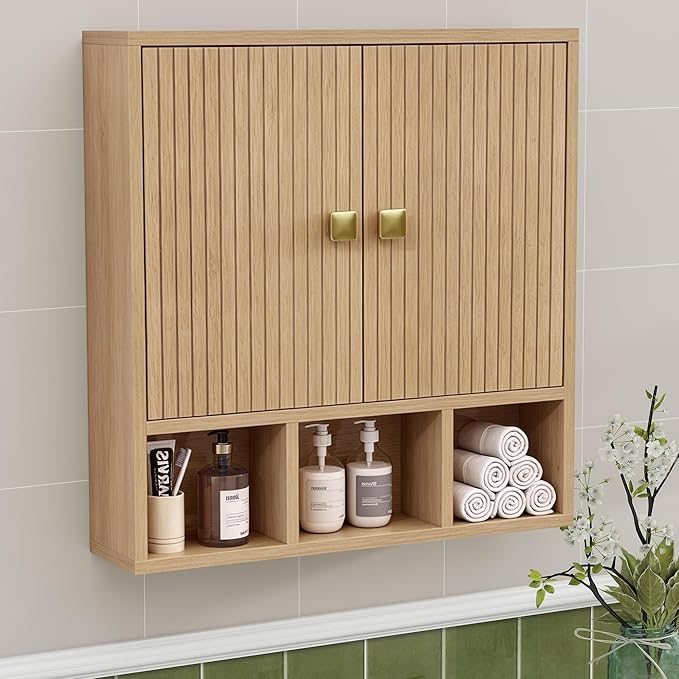 Bathroom Wall Cabinet,Wooden Medicine Cabinet with Fluted Doors Over The Toilet Storage Cabinet with Adjustable Shelf for Bathroom,Wood