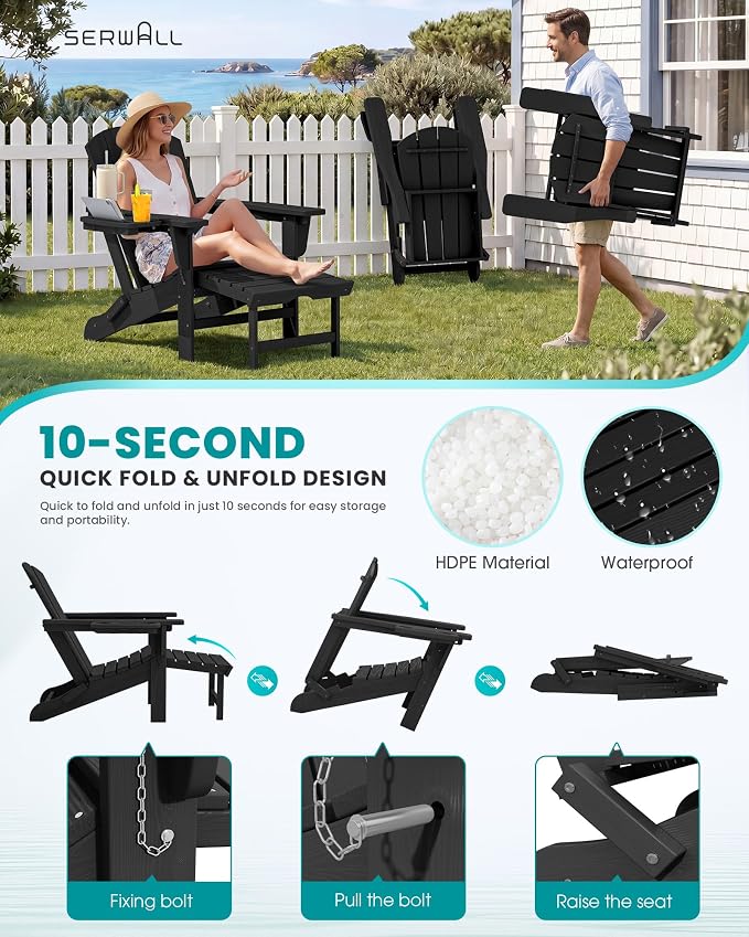 SERWALL Folding Adjustable Adirondack Chairs with Footrest Set of 4, HDPE Outdoor Chair with 4-in-1 Cup Holders, All Weather Adirondack Chair with Ottoman, Black