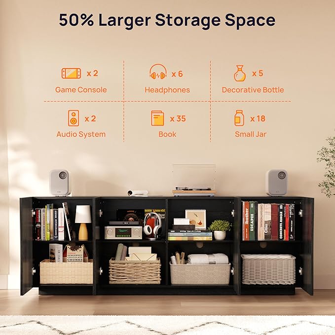 70" Fluted TV Stand for TVs Up to 50/55/65/75", Mid-Century Modern Entertainment Center for Living Room, Tall Sideboard & Storage Cabinet Wavy Media & TV Console, 8 Cable Holes&Soft-Close,Black Walnut