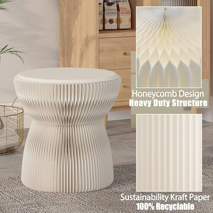 Accordion Folding Stool, Bouquet Shaped Collapsible Kraft Paper Stool for Adults, 660lbs Honeycomb Fold Up Ottoman, Portable Under Desk Footrest Seat for Living Room, Dorm & Office (15 Inch, White)