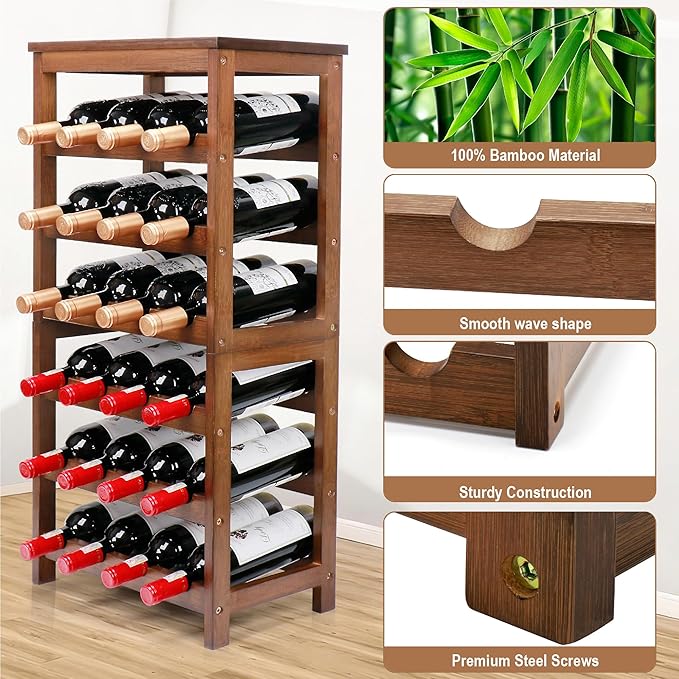 Wine Rack Free Standing Floor, 6-Tier 24 Bottles Display Wine Storage Shelves with Table Top, Easy-Assembly Freestanding Bamboo Wine Racks for Kitchen Dining Room Bar, Walnut