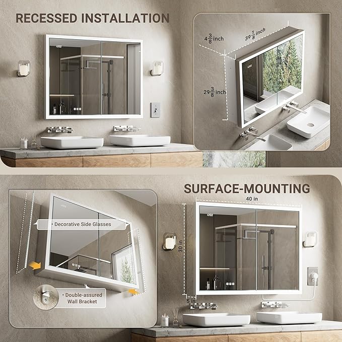 40x30 Recessed or Surface Lighted Medicine Cabinet with Mirror & Clock, Fogless Aluminum Medicine Cabinet with Dimmable Light & Outlet, Anti-fog, Built-in Sensing Light & 3 Adjustable Shelves