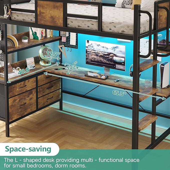 BYSAUD Twin Loft Bed with Desk and Storage, Metal Bunk Bed with 5 Drawers and 2 Pegboards, Heavy Duty Loft Bed Twin Size with LED Lights and Charging Station for Teens Adults, Noise Free, Brown