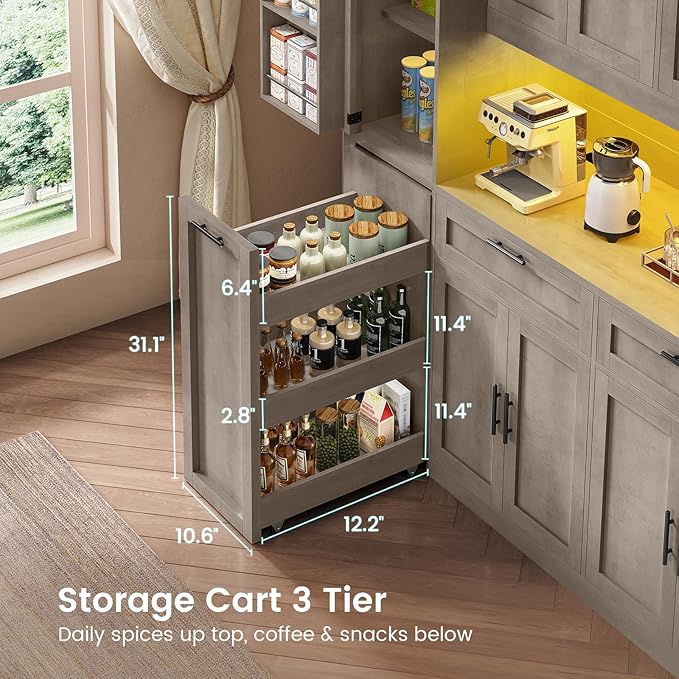 Itaar 71" Kitchen Pantry Cabinet with Charging Station and Led Light, Kitchen Storage Cabinets with Microwave Stand, 59" Wide Pantry Storage Cabinet with Storage Cart 3 Tier for Dining Room, Grey