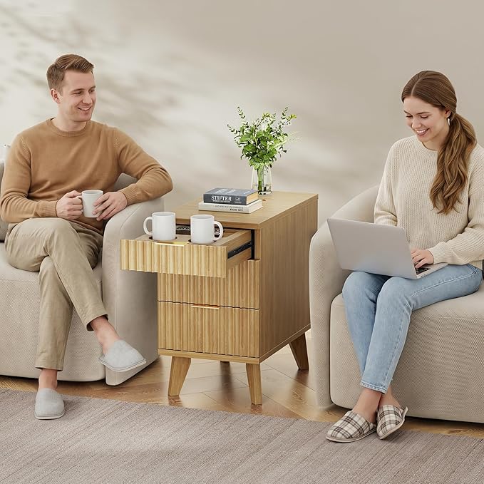 Kalrin Charging Nightstand with Hidden Outlets & 3 Drawers, Modern End Table, Bedside Table with USB Ports, Wave Groove Design, Compact Size, Heavy Duty Engineered Wood, Natural Wood Color