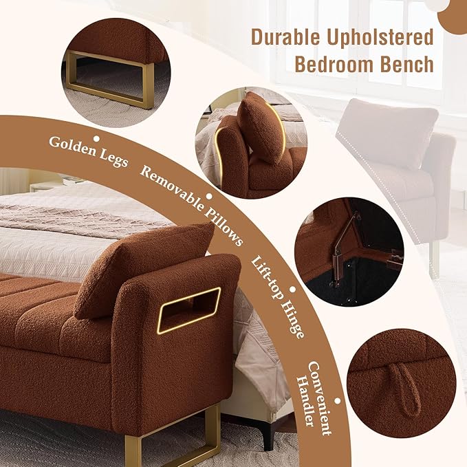 66'' Storage Bench for Bedroom End of Bed King Size, Bedroom Benches for Foot of Bed King, Teddy Brown Ottoman Bench with Storage with Armrest for Windows, Closet