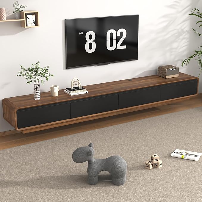 chartustriable 94.5" Minimalist Floating TV Stand for TVs up to 100 Inches, Modern Wall Mounted Media Console with 2 Drawers, Entertainment Center for Living Room, Walnut and Black