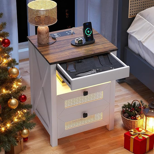 Nightstand with Gun Drawer, Rattan Bedside Table with Charging Station, LED End Table with Human Sensor Light, Gun Night Stand for Bedroom Living Room, Farmhouse Design, White