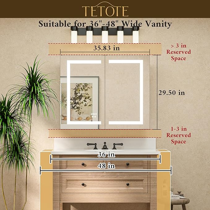 TETOTE LED Lighted Bathroom Medicine Cabinet Mirror with Lights 36 x 30 Recessed or Wall Mounted Cabinet with 2 Door, Tempered Glass, Outlets & USB, 3-Color Stepless Dimming, Defog, Adjustable Shelf