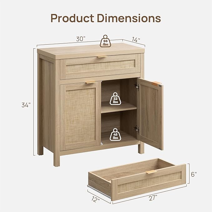 SICOTAS Sideboard Buffet Storage Cabinet Set of 3, Rattan Credenza Buffet Table, Boho Console Accent Cabinet with Doors and Drawer, Coffee Bar for Kitchen Entryway Living Room, Natural