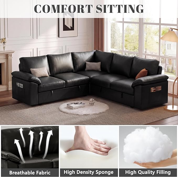 85 Inch Faux Leather Modular Sectional Sofa with Pull Out Bed, L Shaped 5 Seat Sectional Sleeper Sofa with Storage, Sectional Couches for Living Room, Cloud Modular Couch,Black Leather