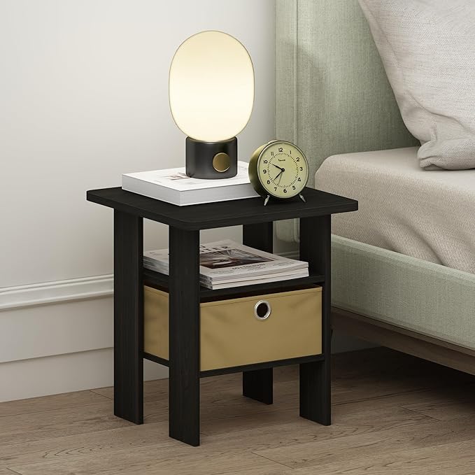 Furinno TIDUR Night Stand Set of 2, Open Shelf Design Nightstand with Storage Bin, Bedside Table, End Table, Side Table, for Bedroom, Closet, Dorm, Espresso