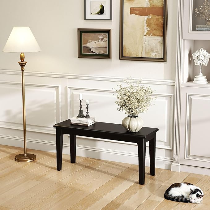 Dining Bench 39.4" Solid Oak Wooden Bed End＆Entryway Bench for Living Room Bedroom Kitchen(Black)